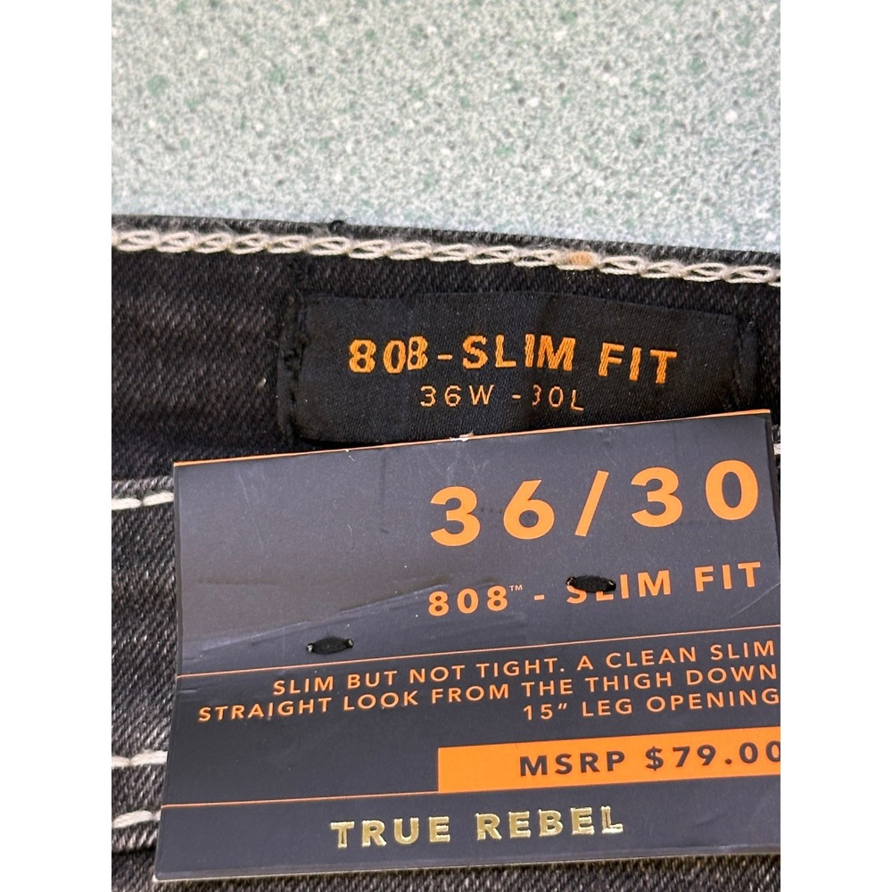 True Rebel 900 Series Lando Black Slim Fit Jeans Red White Stitch 36x30 808 NEW - Picture 3 of 10